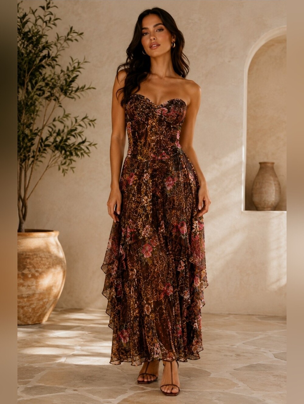 Tarani Couture Women's Dress 100% Silk  US Size 10 Brown Floral NWT MSRP $550